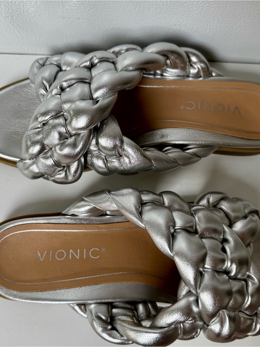 Vionic Metallic Silver Braided Slide Sandals - Women's